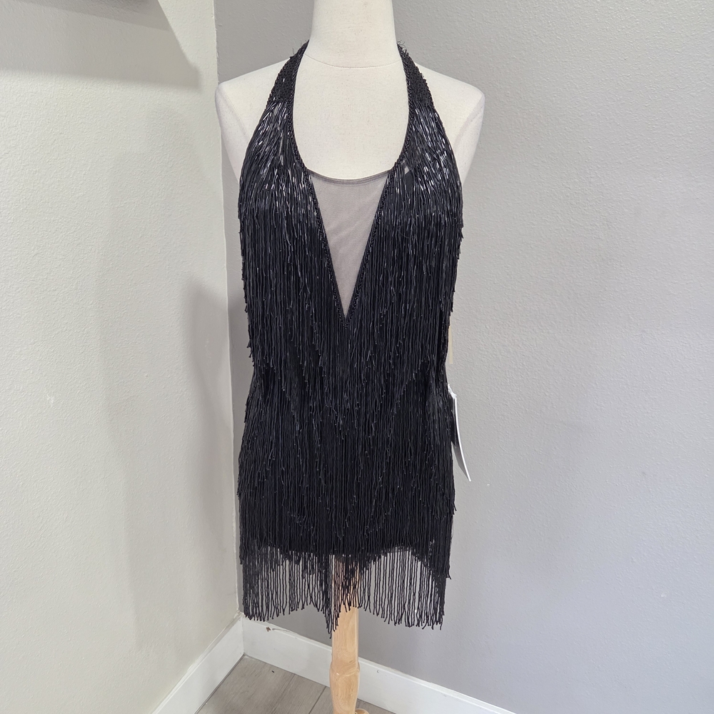 Jovani Black Fringe Halter Midi Dress with Illusion V